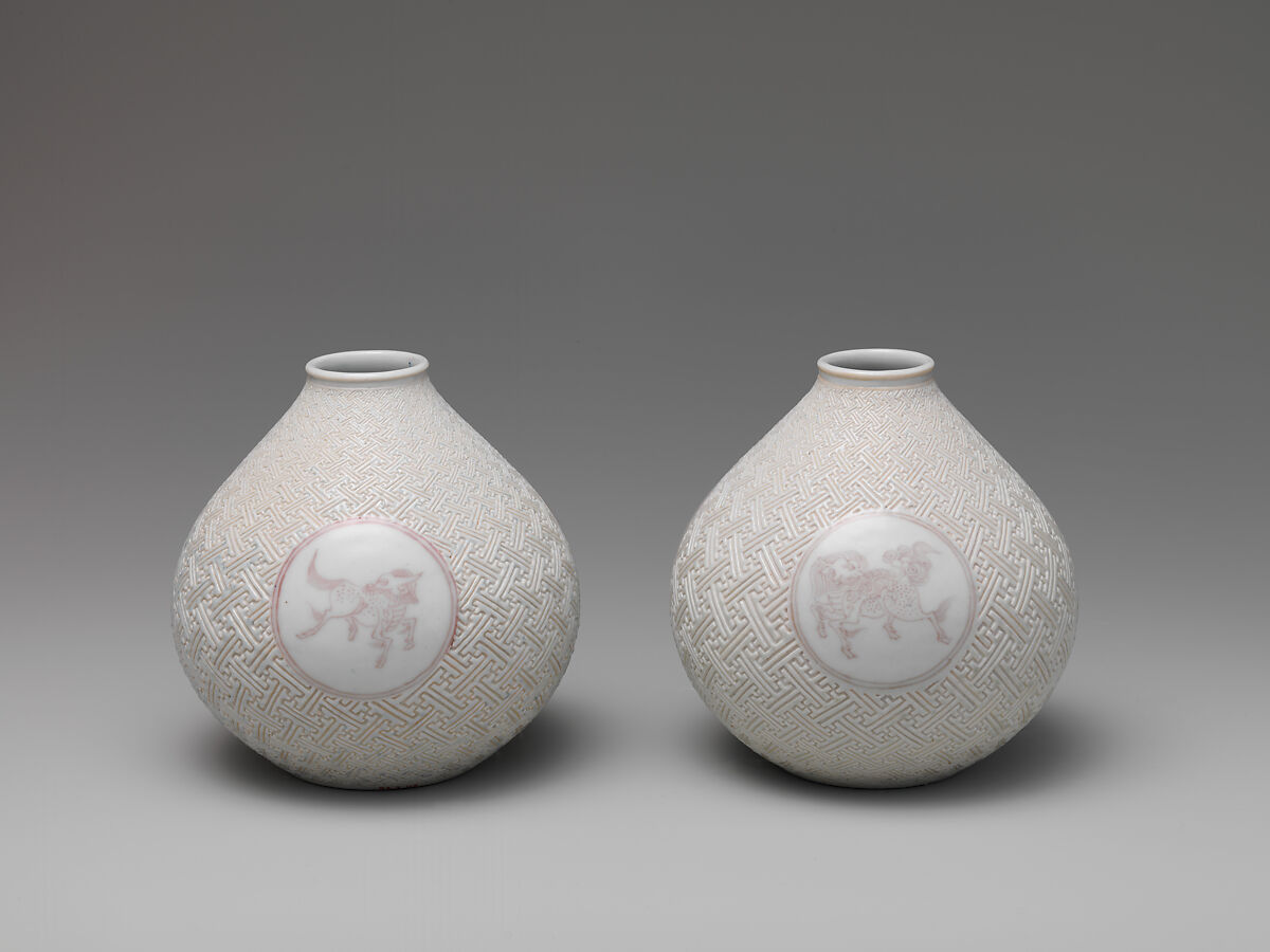 Vase with Horse and Kirin on Geometric Sayagata (key fret) Pattern (one of a pair), Style of Makuzu Kōzan I (Miyagawa Toranosuke) (Japanese, 1842–1916), Porcelain with incised design and underglaze red, Japan
