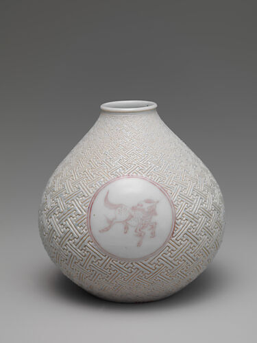 Vase with Horse and Kirin on Geometric Sayagata (key fret) Pattern (one of a pair)
