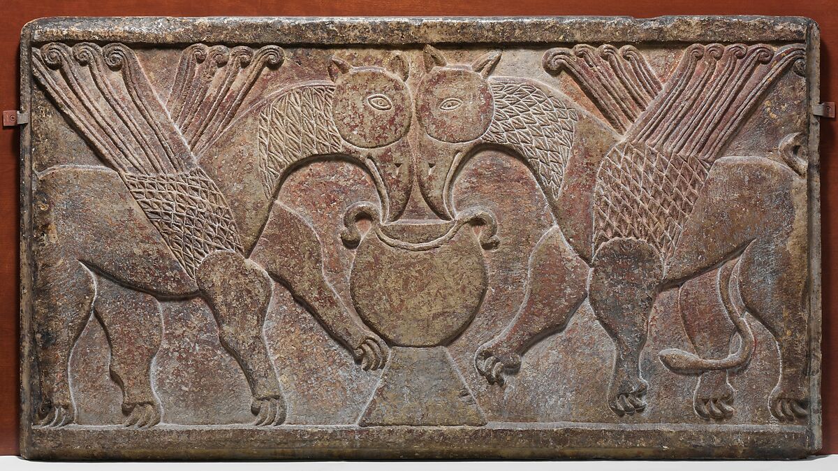 Relief Panel with Two Griffins Drinking from a Cup, Marble, polychromy, South Italian 