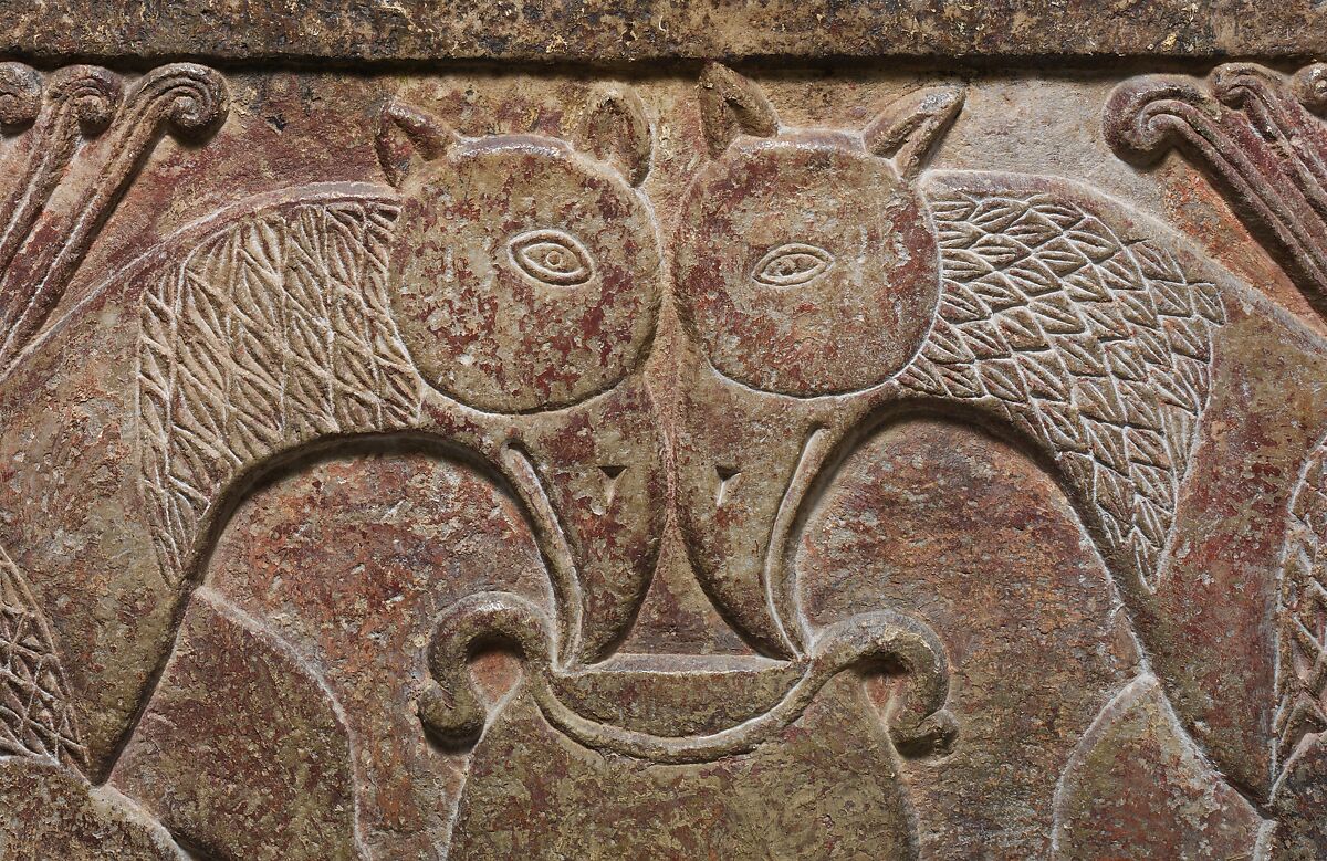 Relief Panel with Two Griffins Drinking from a Cup, Marble, polychromy, South Italian