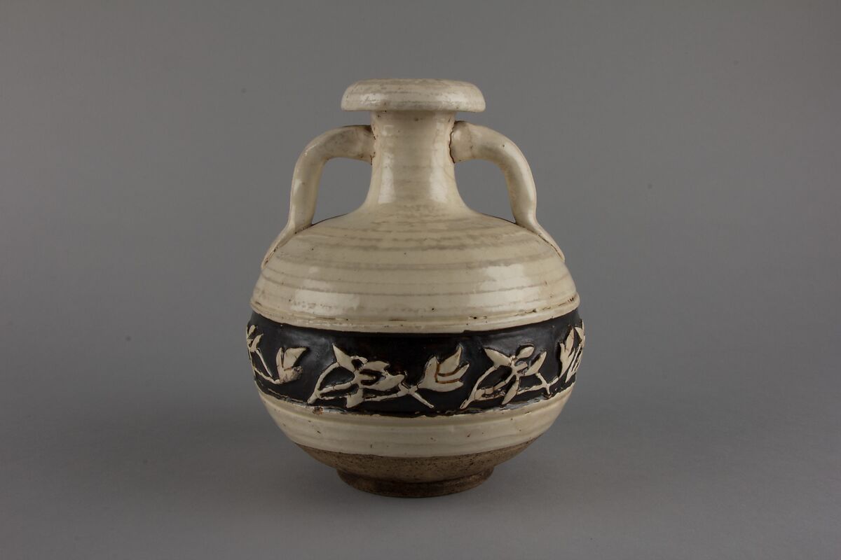 Bottle with floral pattern, Stoneware with black slip decoration, China
