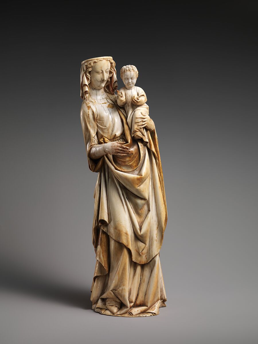 Virgin and Child, Ivory with traces of polychromy and gilding, (modern wooden base), French 
