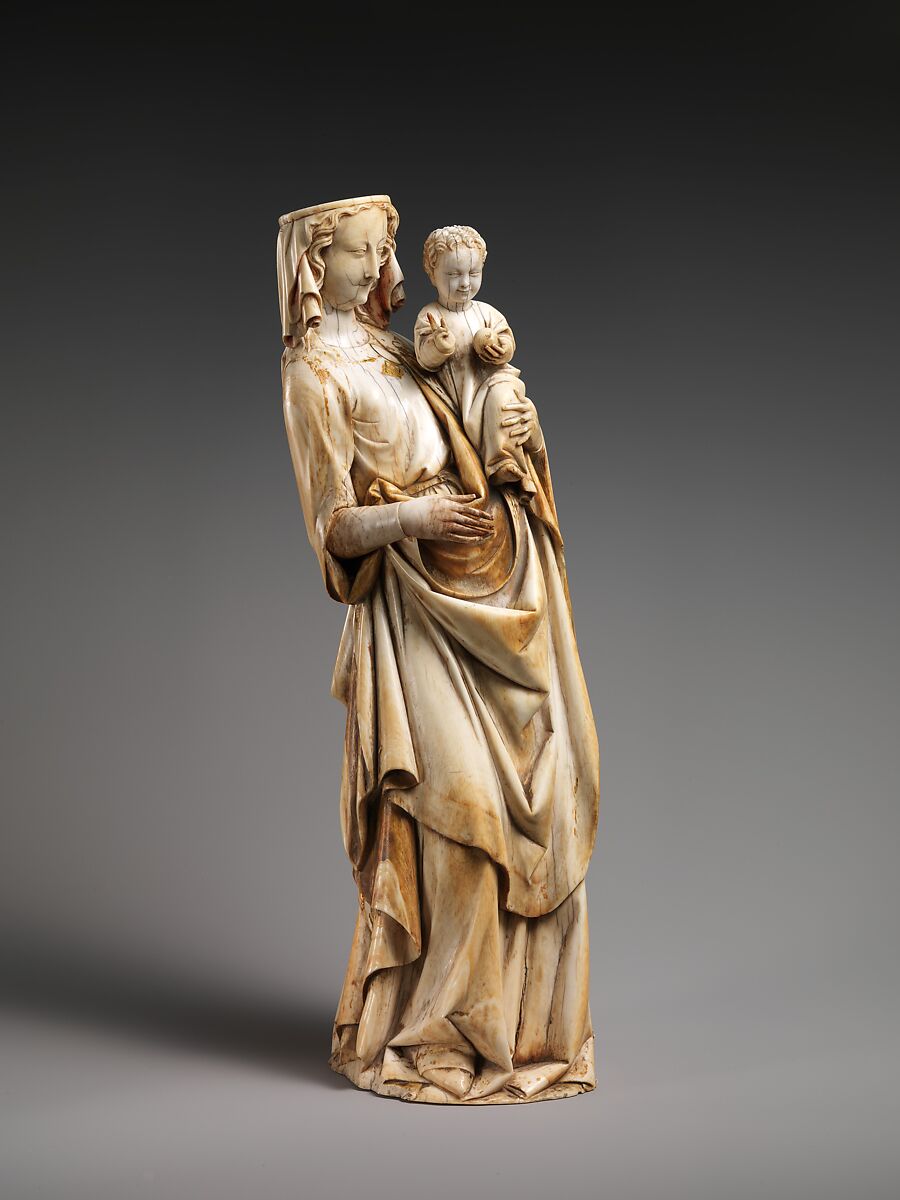 Virgin and Child, Elephant ivory with traces of paint and gold (modern wooden wooden and bone base), French