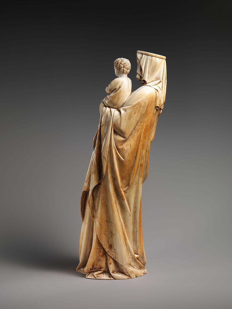 Virgin and Child, Elephant ivory with traces of paint and gold (modern wooden wooden and bone base), French