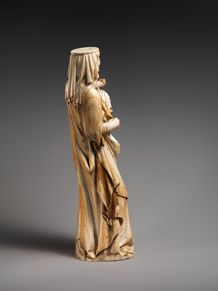Virgin and Child, Elephant ivory with traces of paint and gold (modern wooden wooden and bone base), French