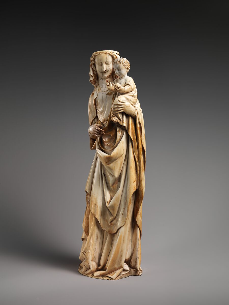 Virgin and Child, Elephant ivory with traces of paint and gold (modern wooden wooden and bone base), French