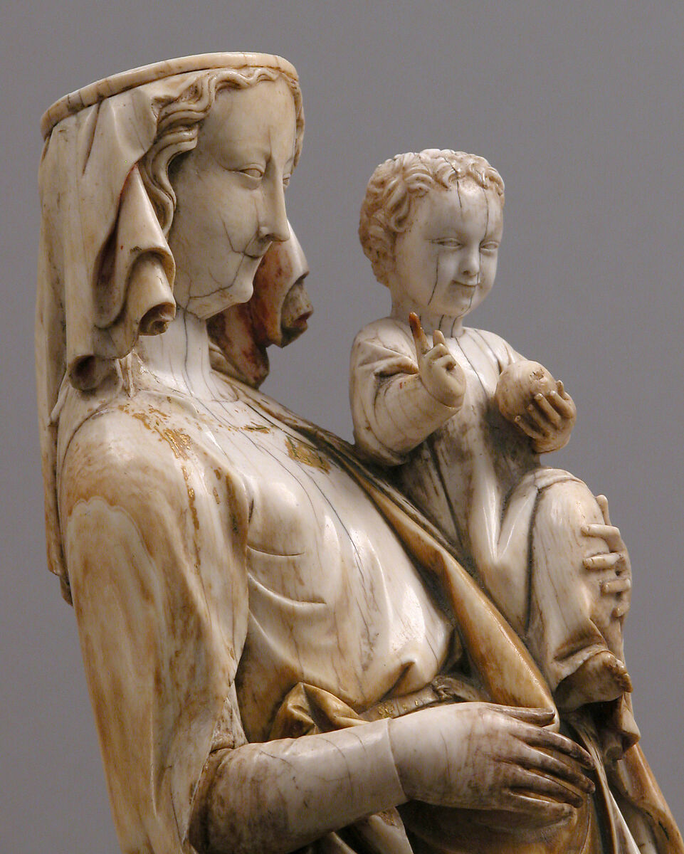 Virgin and Child, Elephant ivory with traces of paint and gold (modern wooden wooden and bone base), French