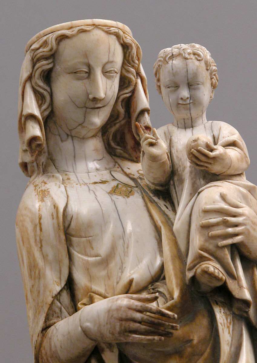 Virgin and Child, Elephant ivory with traces of paint and gold (modern wooden wooden and bone base), French