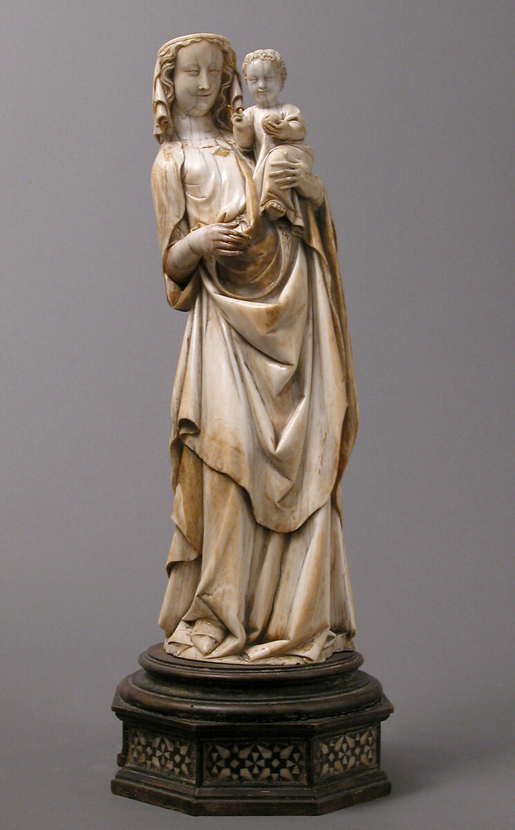 Virgin and Child, Elephant ivory with traces of paint and gold (modern wooden wooden and bone base), French
