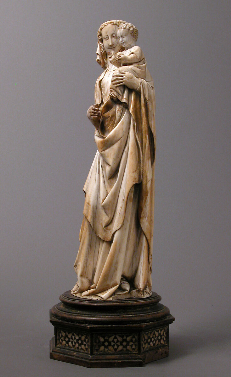 Virgin and Child, Elephant ivory with traces of paint and gold (modern wooden wooden and bone base), French