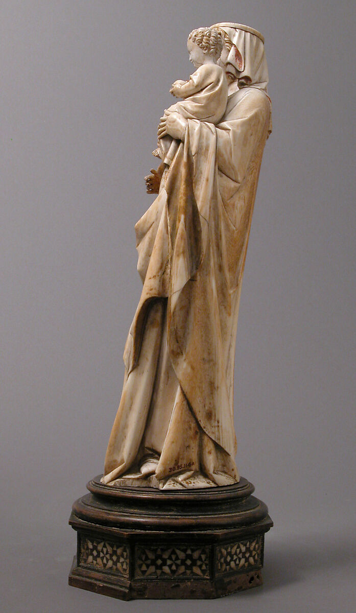 Virgin and Child, Elephant ivory with traces of paint and gold (modern wooden wooden and bone base), French
