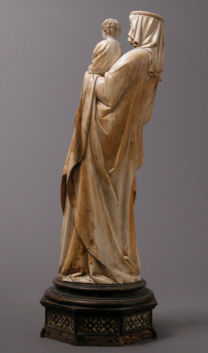 Virgin and Child, Elephant ivory with traces of paint and gold (modern wooden wooden and bone base), French