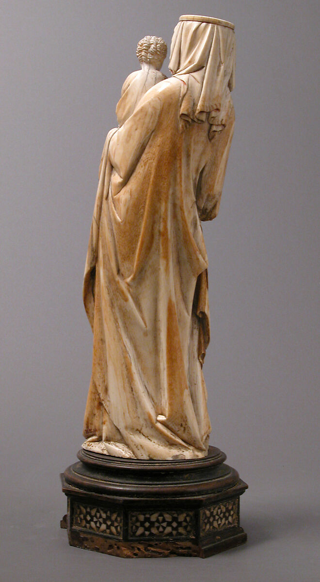 Virgin and Child, Elephant ivory with traces of paint and gold (modern wooden wooden and bone base), French