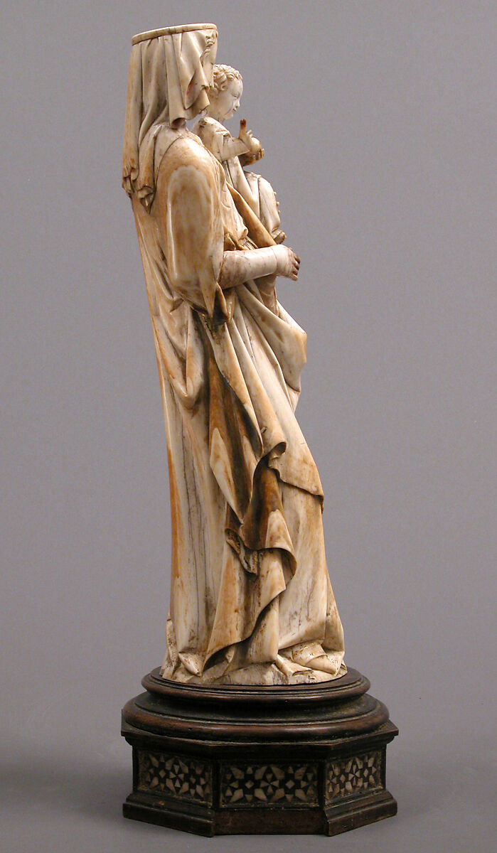 Virgin and Child, Elephant ivory with traces of paint and gold (modern wooden wooden and bone base), French