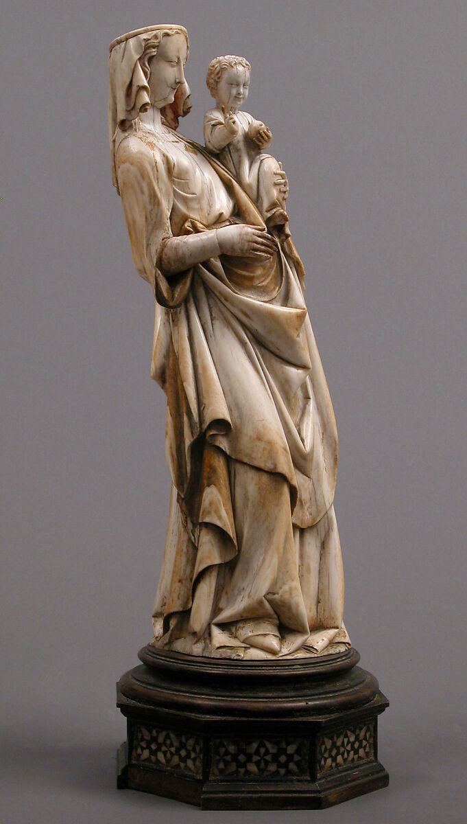 Virgin and Child, Elephant ivory with traces of paint and gold (modern wooden wooden and bone base), French