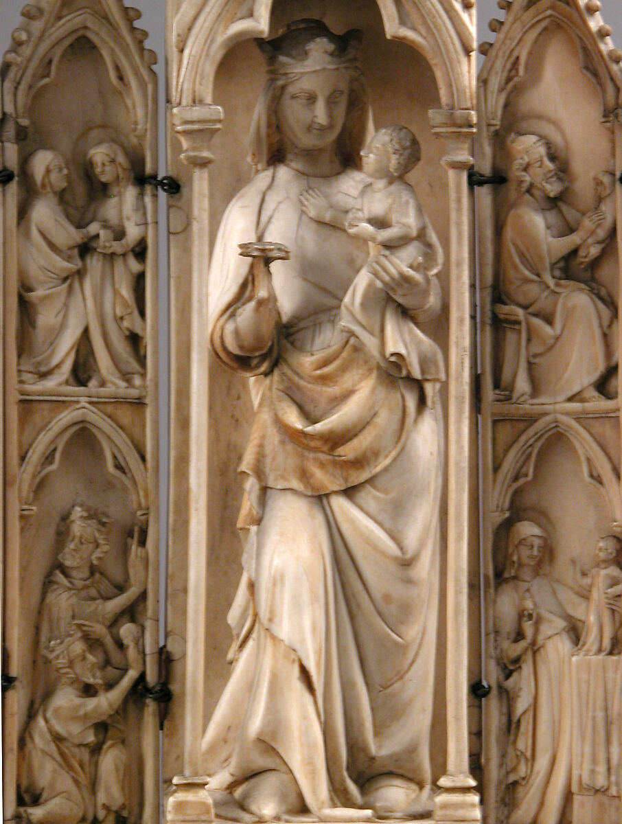 Folding Shrine with Virgin and Child, Elephant ivory with metal mounts, French