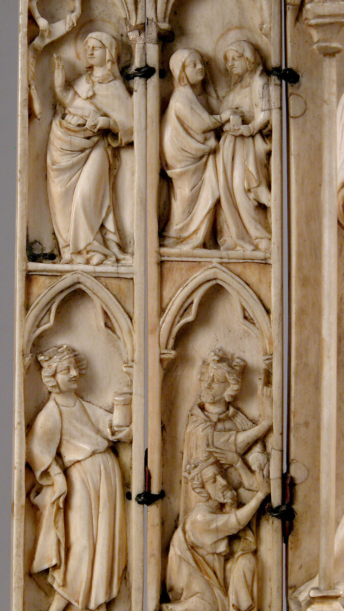 Folding Shrine with Virgin and Child, Elephant ivory with metal mounts, French