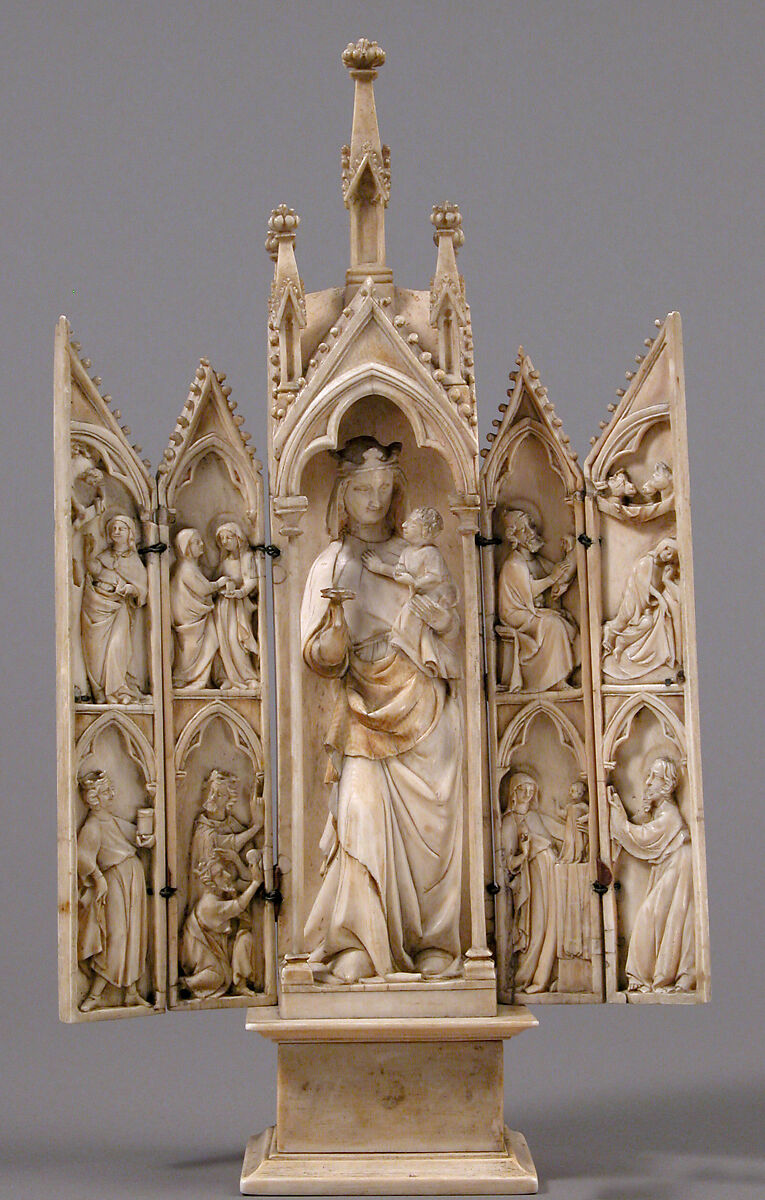 Folding Shrine with Virgin and Child, Elephant ivory with metal mounts, French 