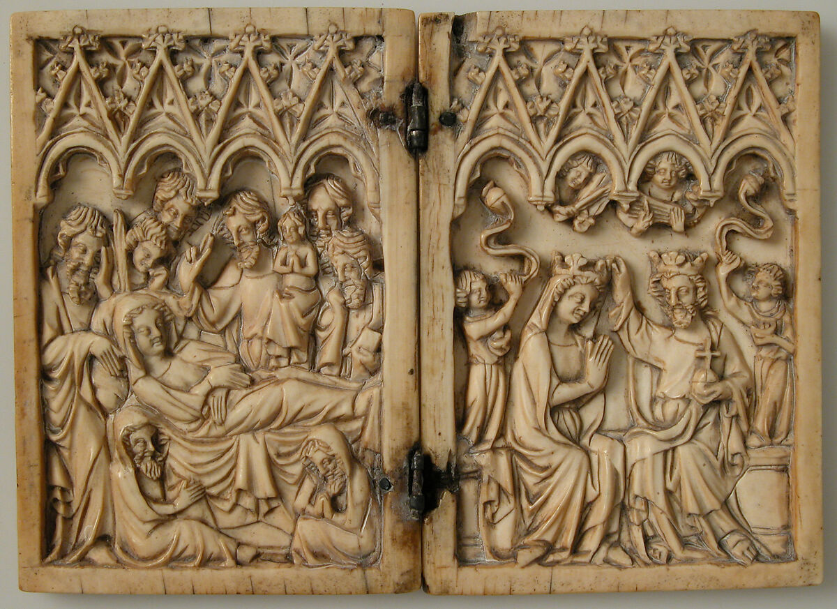Diptych with Dormition and Coronation of the Virgin, Elephant ivory with metal mounts, French or South Netherlandish 