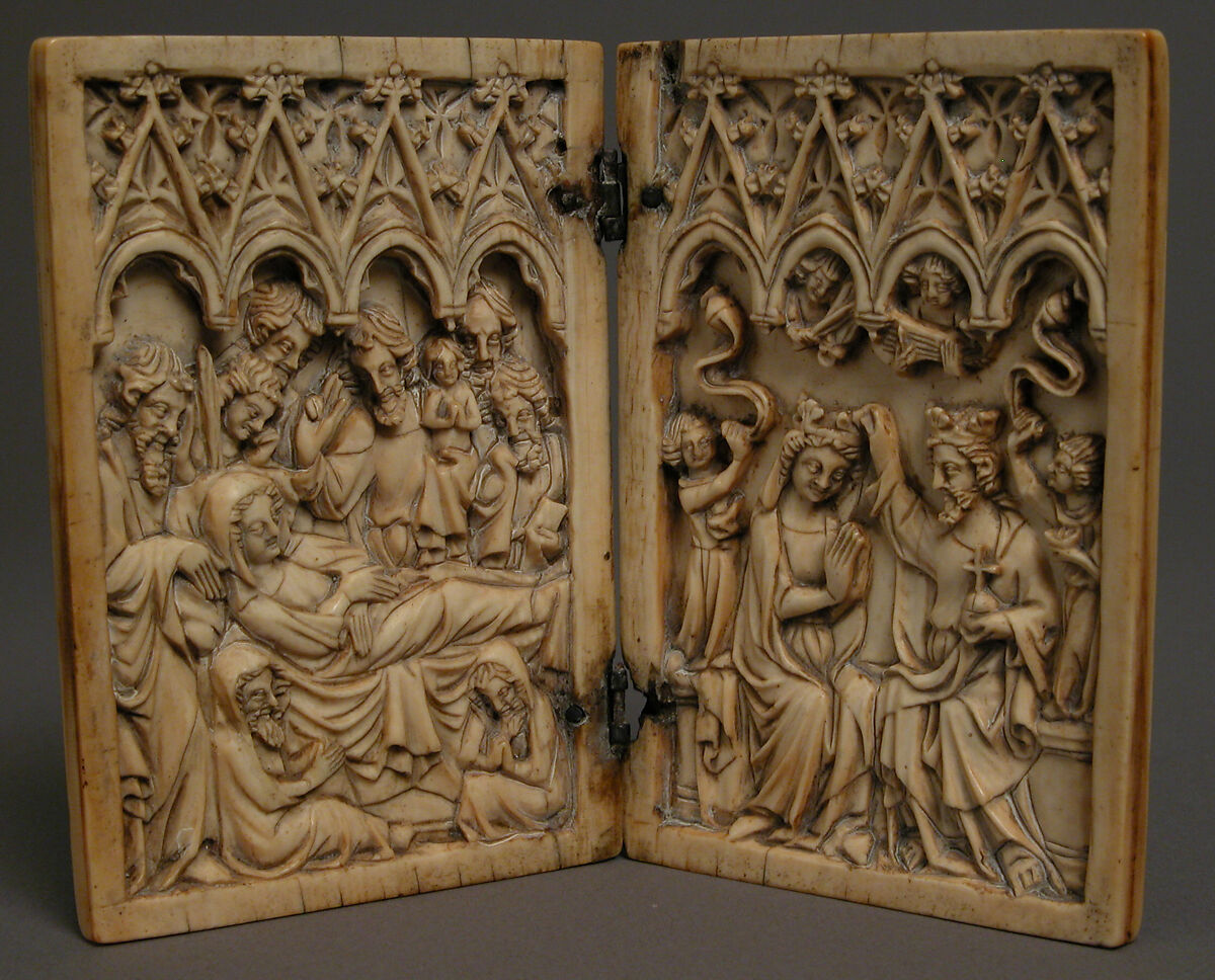 Diptych with Dormition and Coronation of the Virgin, Elephant ivory with metal mounts, French or South Netherlandish