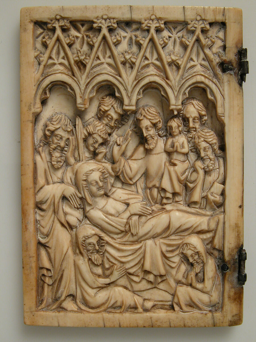 Diptych with Dormition and Coronation of the Virgin, Elephant ivory with metal mounts, French or South Netherlandish