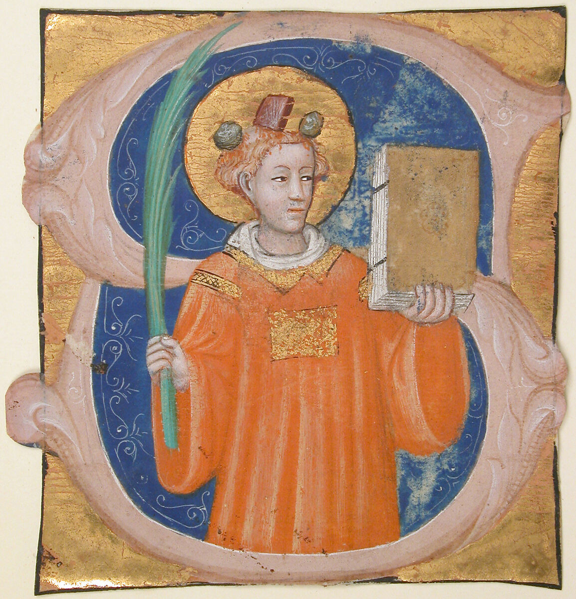 Manuscript Illumination with Saint Stephen in an Initial S, from an Antiphonary, Master of the Brussels Initials (Italian, Bologna, active ca. 1390–ca. 1420), Tempera, ink, and gold on parchment, Italian