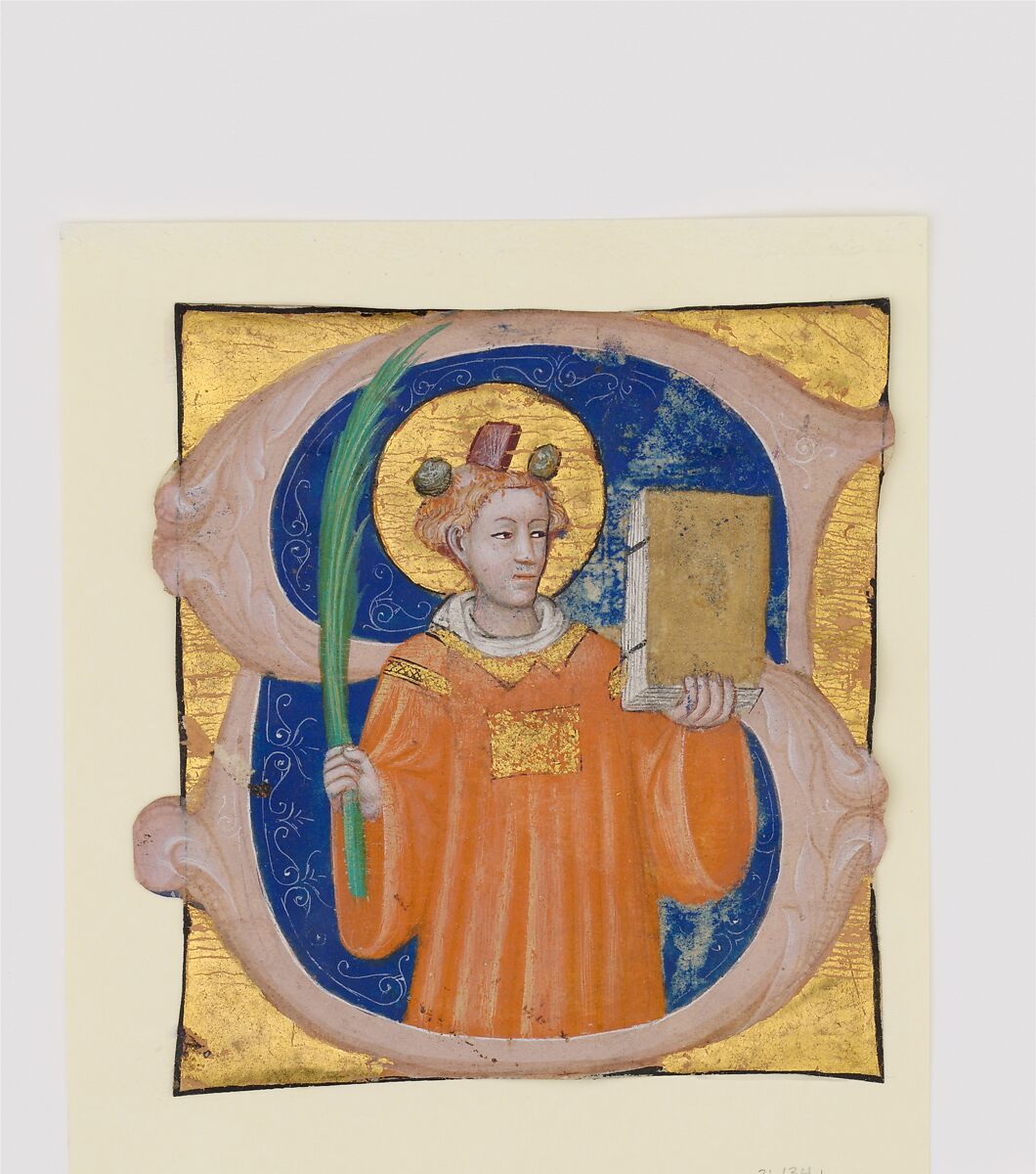 Manuscript Illumination with Saint Stephen in an Initial S, from an Antiphonary, Master of the Brussels Initials (Italian, Bologna, active ca. 1390–ca. 1420), Tempera, ink, and gold on parchment, Italian 