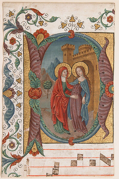 Manuscript Illumination with the Visitation in an Initial D, from a Choir Book, Spanish Forger (French, active late 19th–early 20th century), Tempera, ink, and gold on parchment, French 