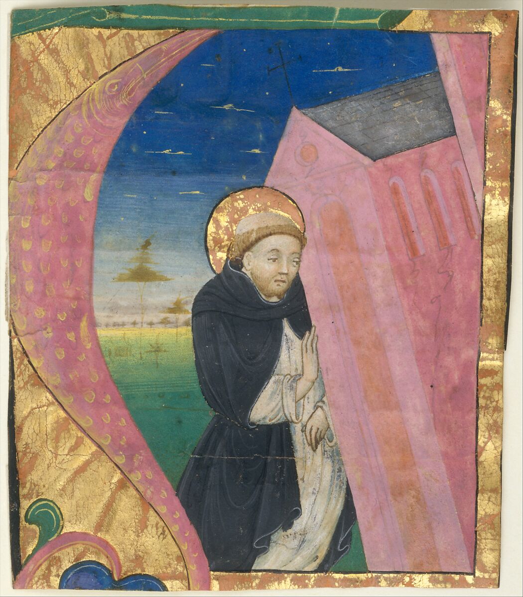 Manuscript Illumination with Saint Dominic Saving the Church of Saint John Lateran in an Initial A, from a Gradual, Tempera, ink, and gold on parchment, Italian 