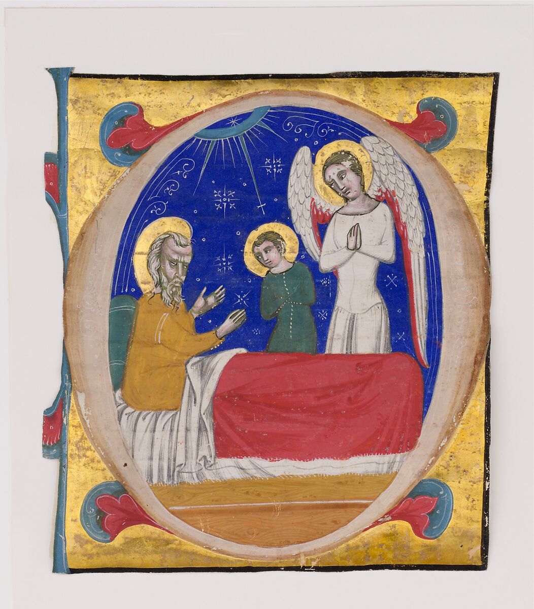 Manuscript Illumination with Tobit, Tobias, and the Archangel Raphael in an Initial O, from an Antiphonary, Tempera, ink, and  gold on parchment, Italian 