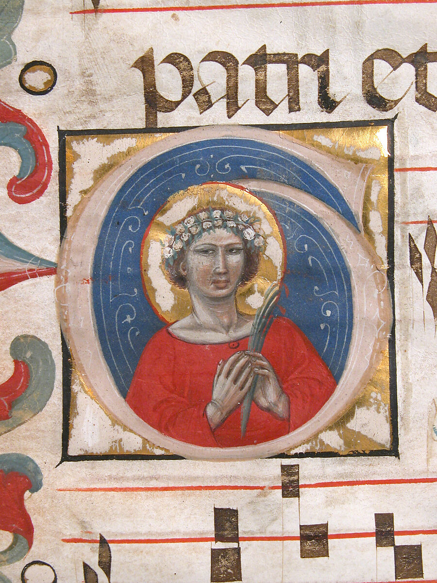 Manuscript Leaf with a female saint (possibly Dorothy) in an Initial G, from a Gradual, Attributed to the Illustratore (active 1330–1374), Tempera, ink, and gold on parchment, Italian