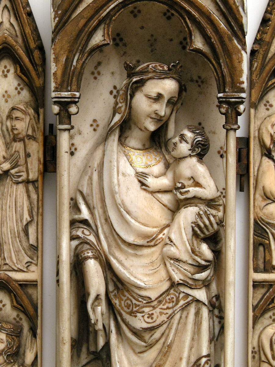 Folding Shrine, Elephant ivory with gilding and metal hinges, European (Medieval style)