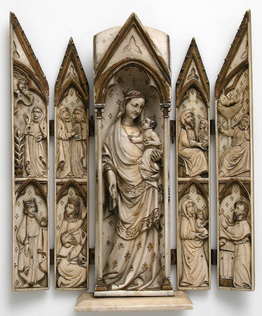 Folding Shrine, Elephant ivory with gilding and metal hinges, European (Medieval style)