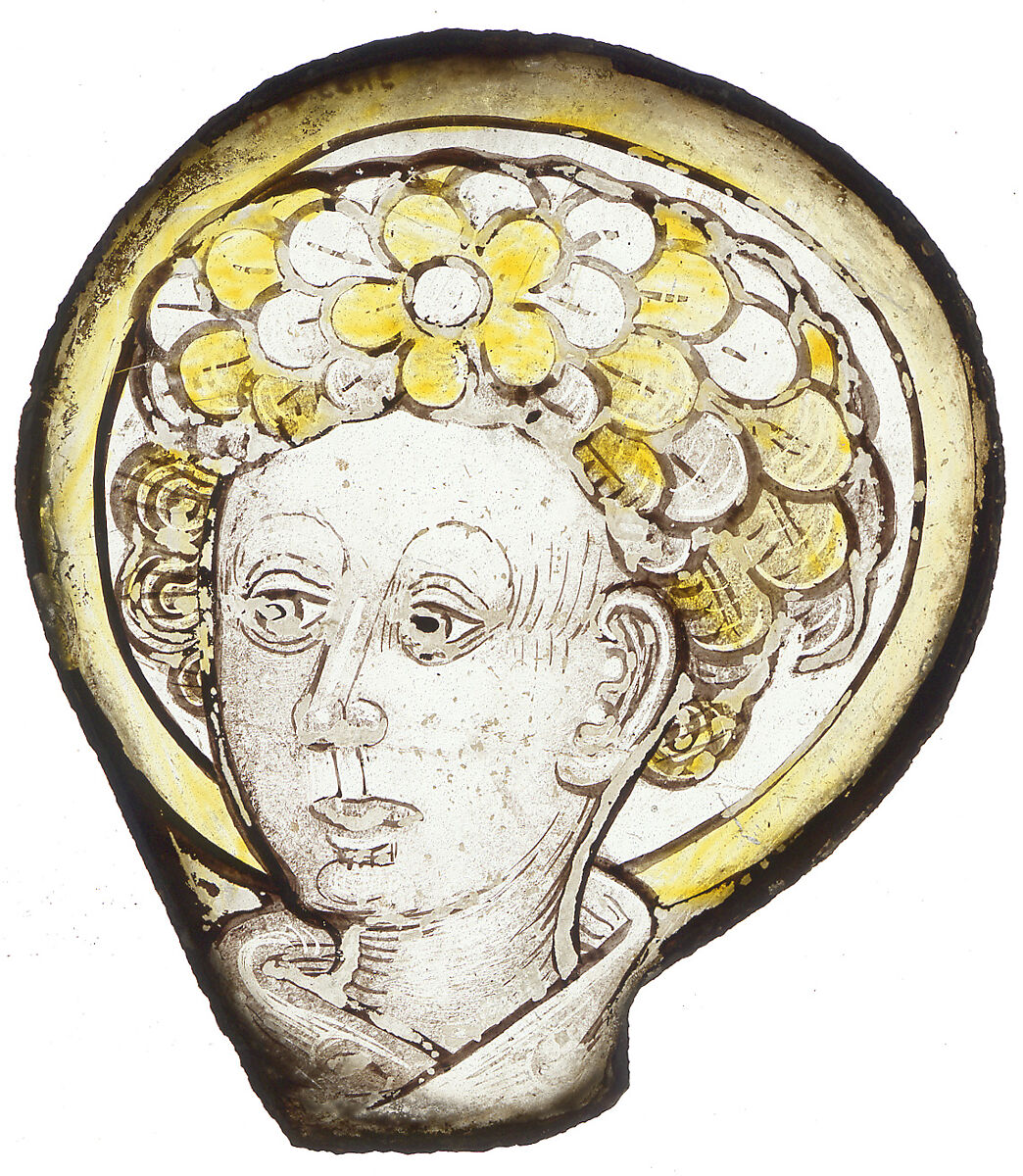 Head of a Saint, Colorless glass, silver stain, and vitreous paint, British 