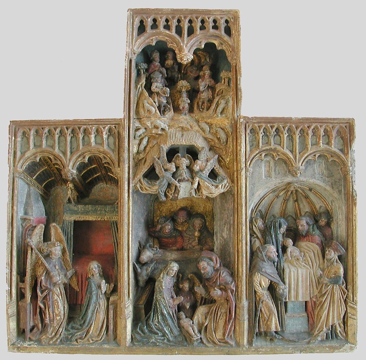 Altarpiece with Scenes of the Infancy of Christ, Limestone, polychromed, gilding, North French or South Netherlandish 