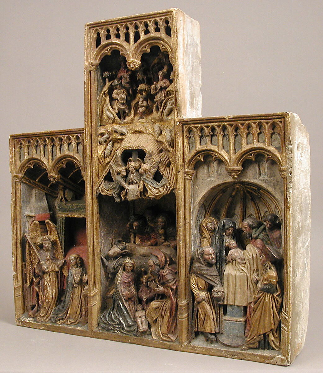 Altarpiece with Scenes of the Infancy of Christ, Limestone, polychromed, gilding, North French or South Netherlandish
