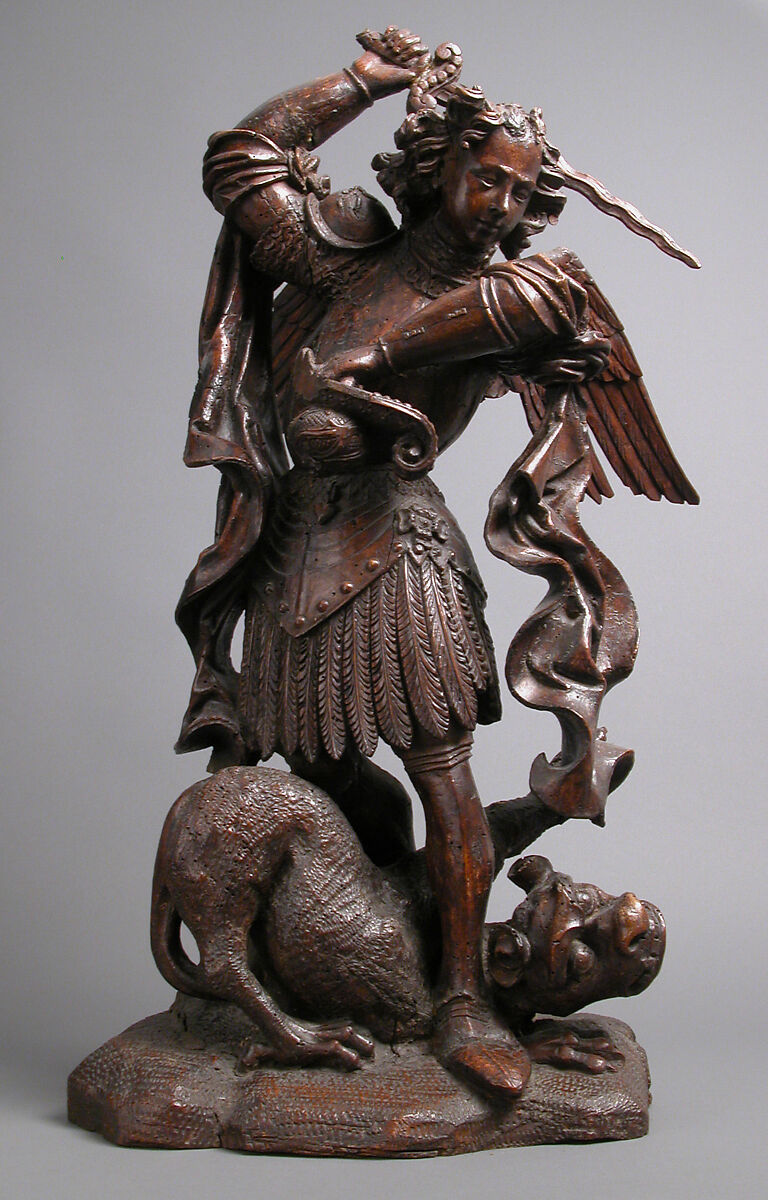 Saint Michael Slaying the Demon, Pine, dark stain, German 