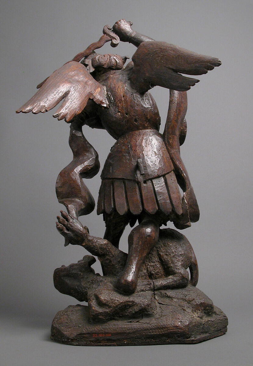 Saint Michael Slaying the Demon, Pine, dark stain, German