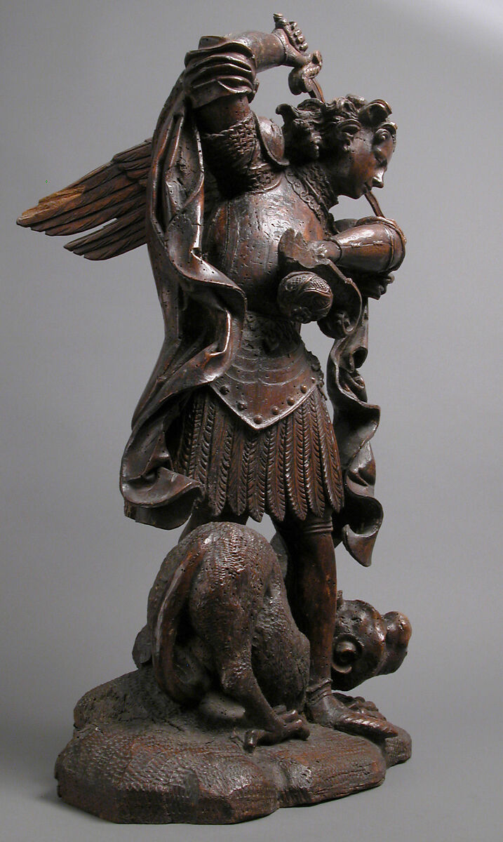 Saint Michael Slaying the Demon, Pine, dark stain, German