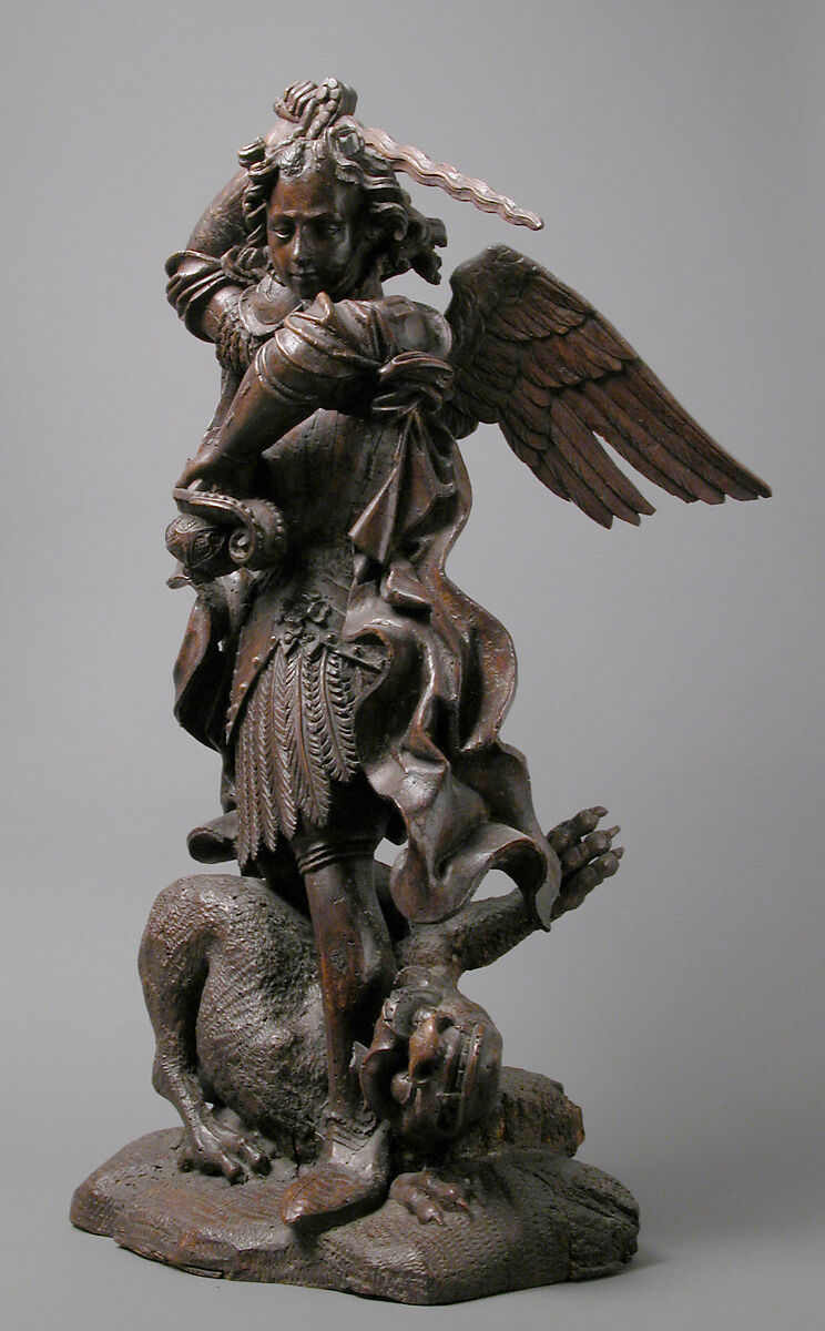 Saint Michael Slaying the Demon, Pine, dark stain, German