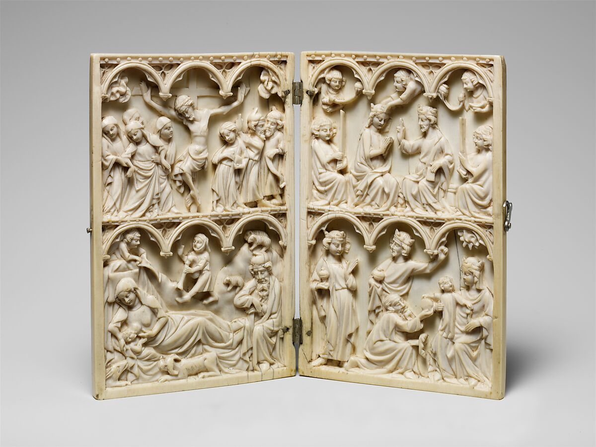 Diptych, Elephant ivory with metal mounts, French 