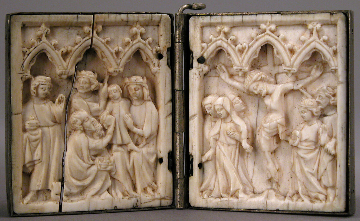 Diptych with Adoration of the Magi and Crucifixion, Elephant ivory, silver mount, French 