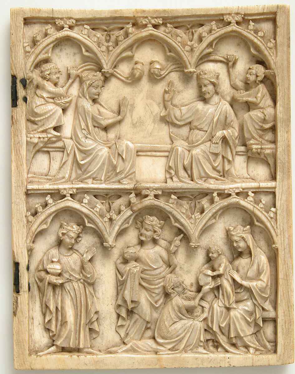 Right Wing of a Diptych with Coronation of the Virgin and Adoration of the Magi, Ivory  with metal mounts, French 