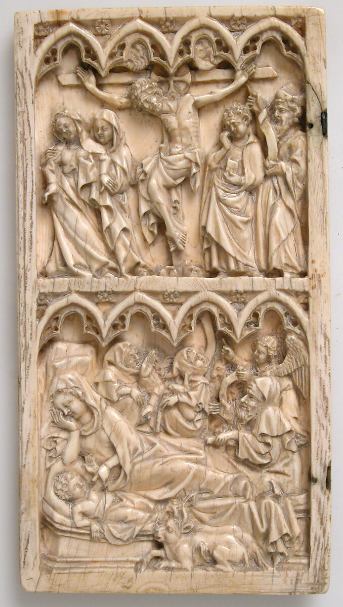 Leaf from a Diptych with the Crucifixion and Nativity, Master of Kremsmünster, Ivory  with metal mounts, German 
