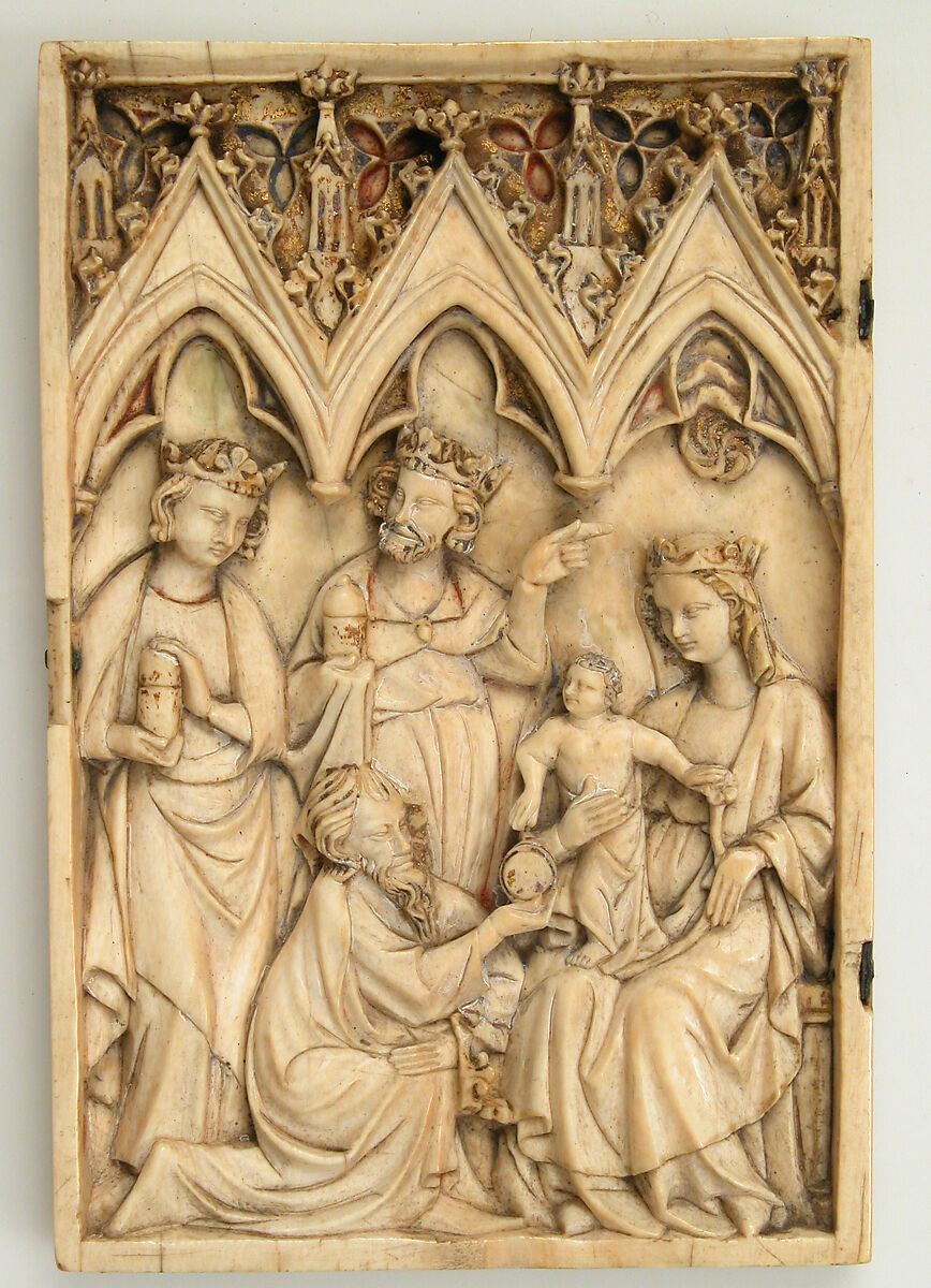 Leaf from a Diptych with the Adoration of the Magi, Elephant ivory with traces of paint and gold, metal mounts, French 
