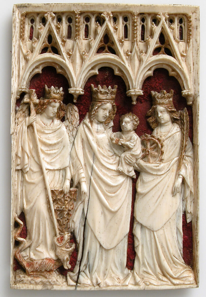 Panel with Virgin and Child and Saints, Elephant ivory, traces of polychromy & gilding, (modern red velvet background mounted on paper), Franco-Netherlandish 