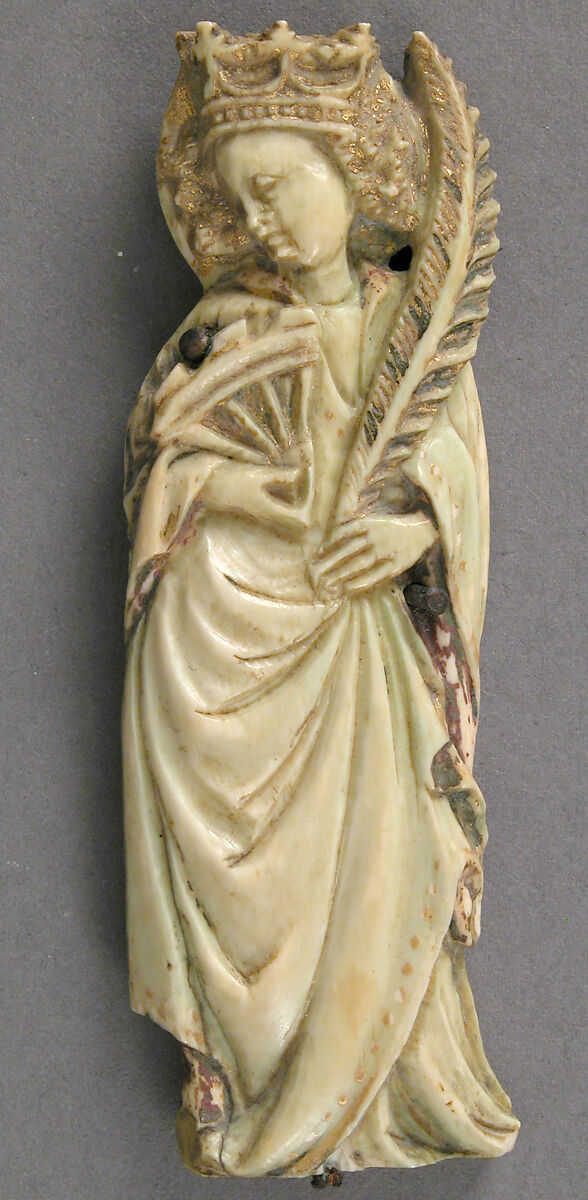 Plaque with Saint Catherine of Alexandria, Elephant ivory, traces of paint & gilding, French 