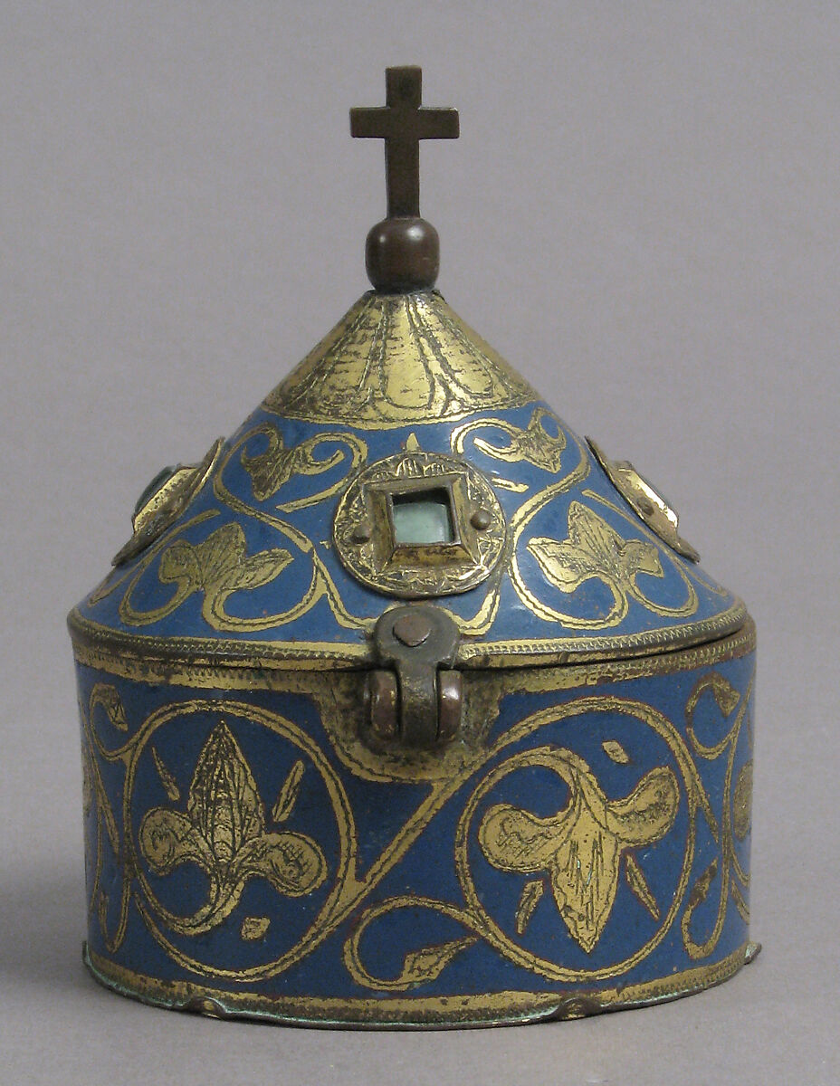 Pyx, Champlevé enamel, copper-gilt, glass paste cabochons, French 