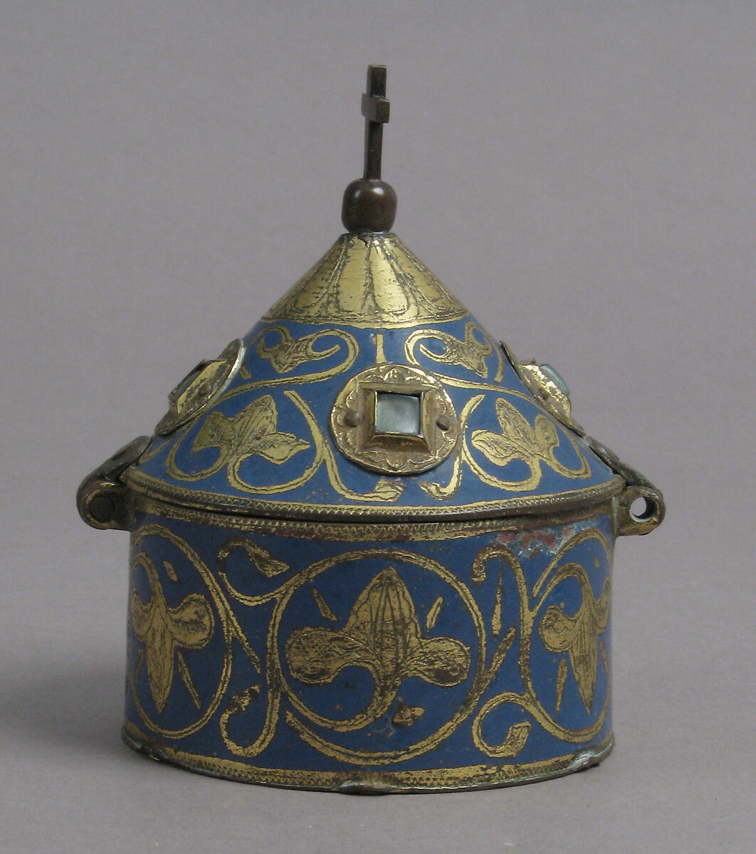 Pyx, Champlevé enamel, copper-gilt, glass paste cabochons, French