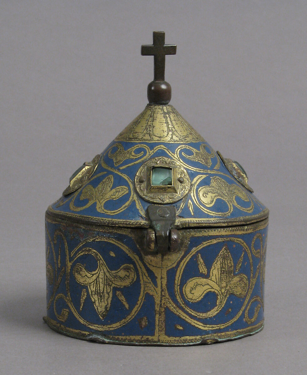 Pyx, Champlevé enamel, copper-gilt, glass paste cabochons, French